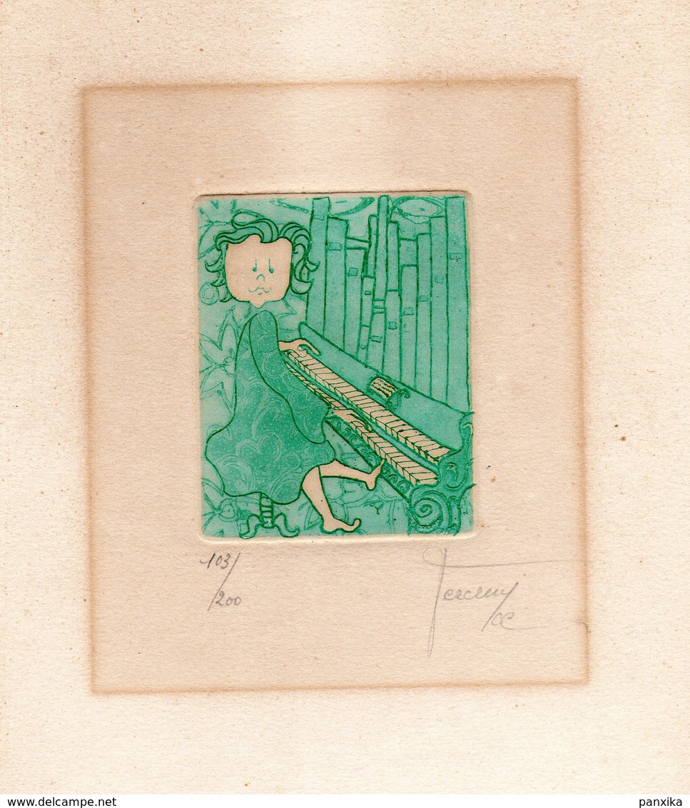 Fillette Au Piano. Lithographie N°102 Sur 200. Signature De L'artiste A Déchiffrer.Trés Beau Dessin. - Lithographies