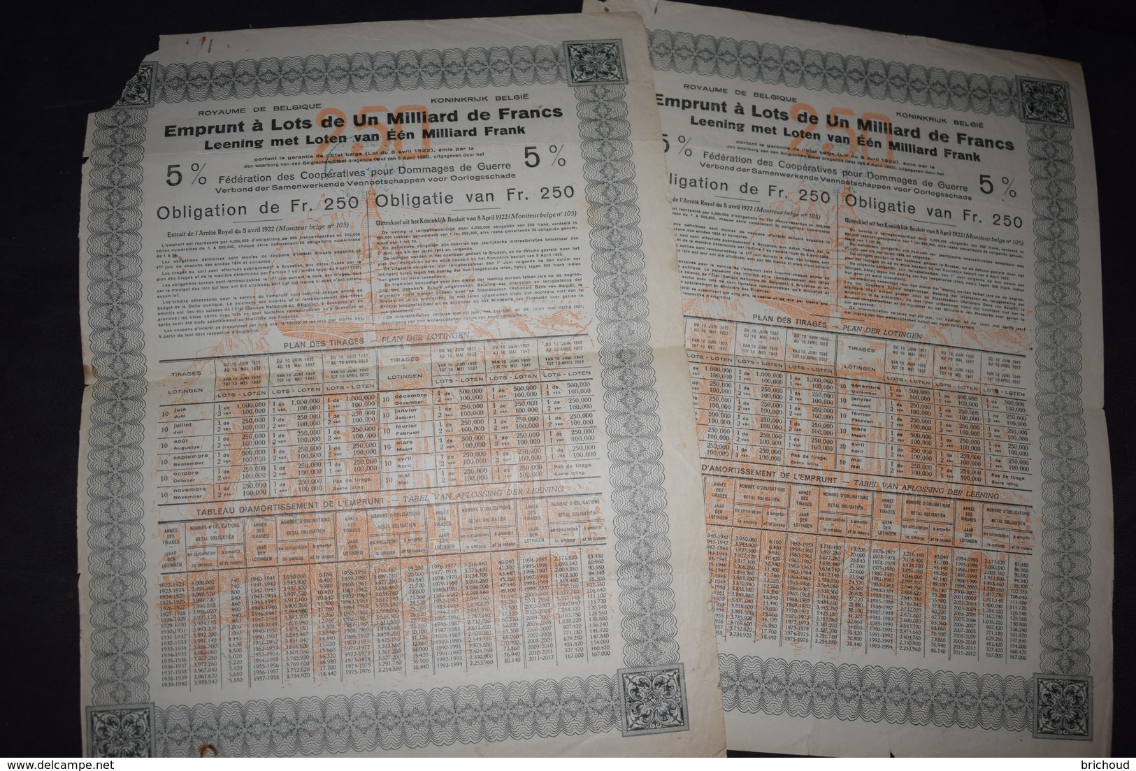 2X Emprunt A Lot De Un Milliard De Frs Royaume De Belgique 1922 - A - C