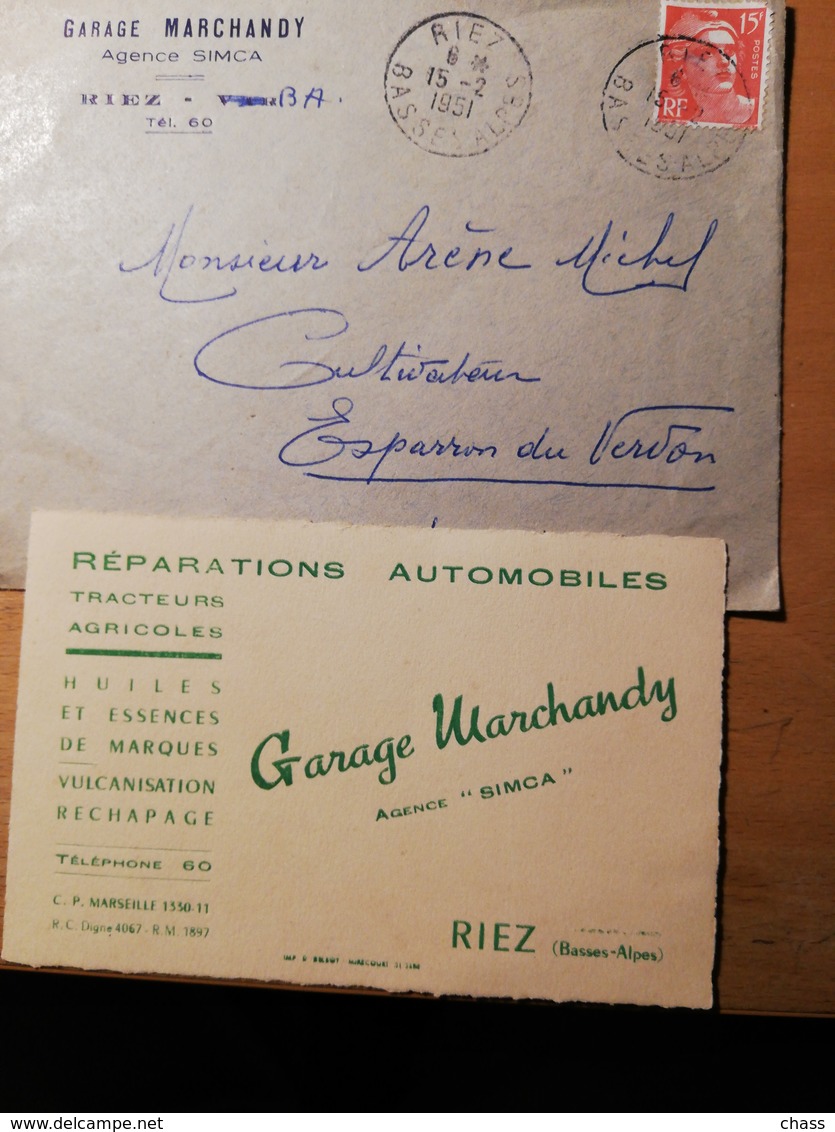 Enveloppe Et Carte Garage Marchand Y A Riez - Other & Unclassified