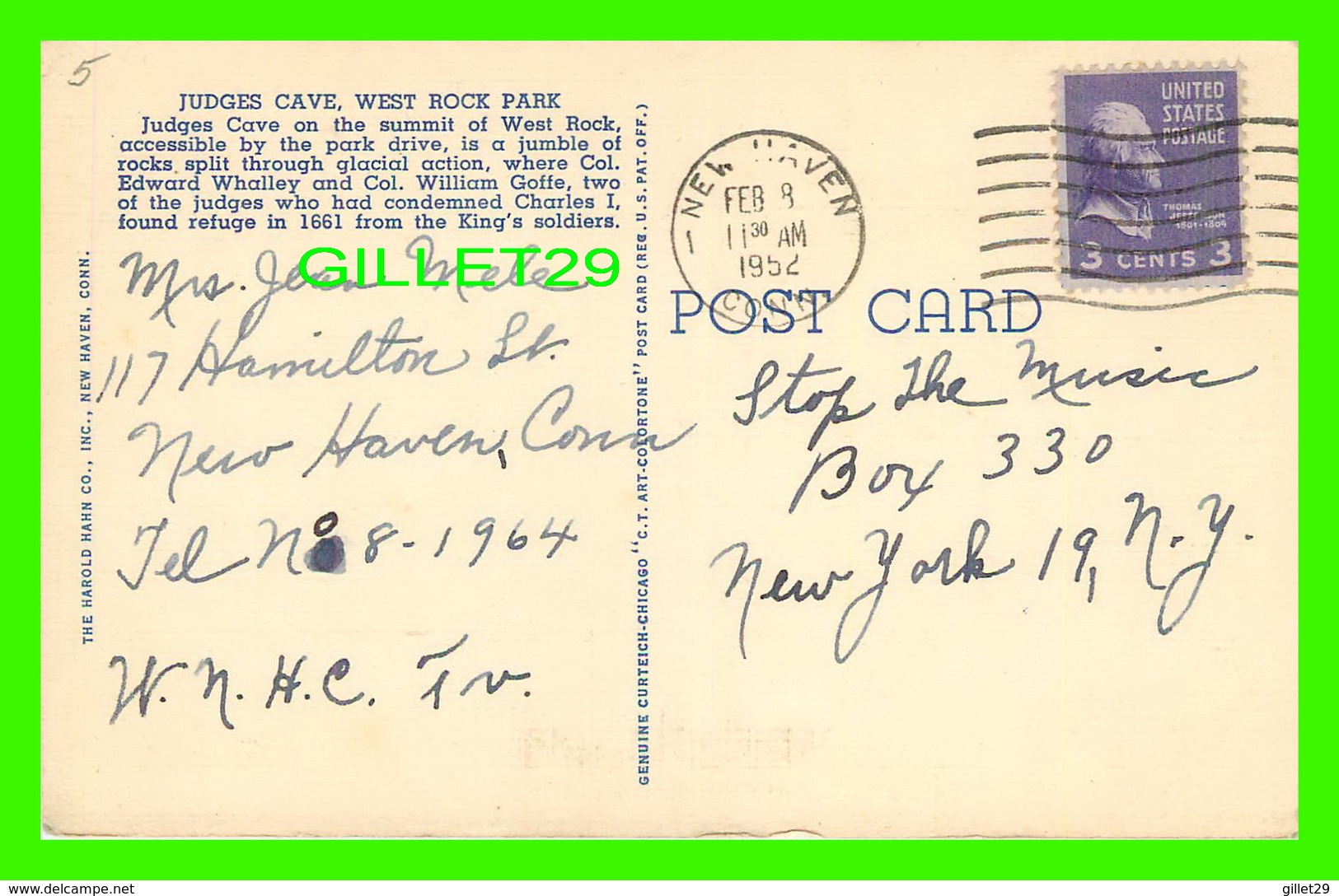 NEW HAVEN, CT - JUDGES CAVE, WEST ROCK PARK - TRAVEL IN 1952 - THE HAROLD HAHN CO INC - - New Haven