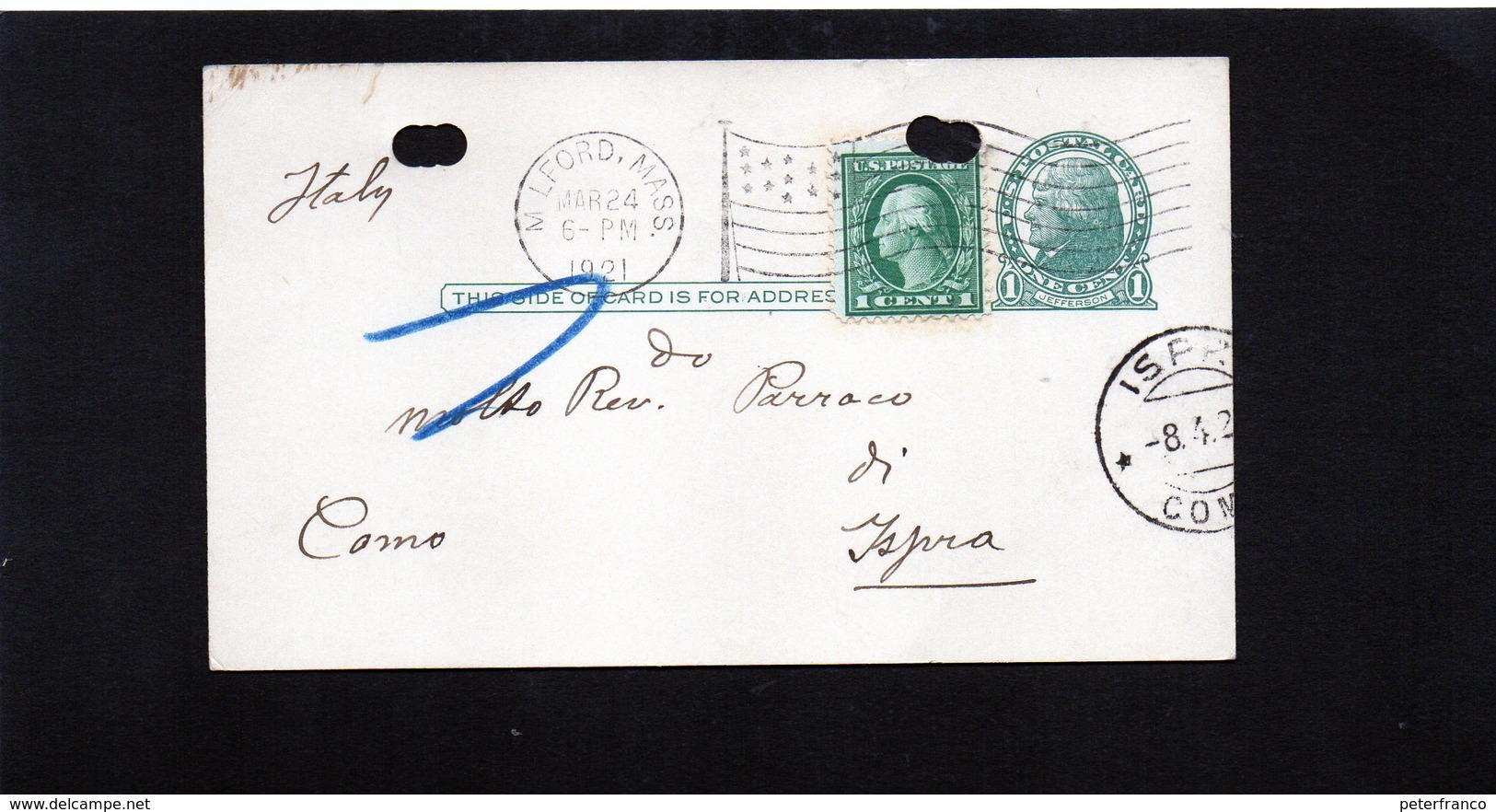 CG6 - Stati Uniti  - Cartolina Postale - Milford 24/3/1921 Per Ispra - 1921-40
