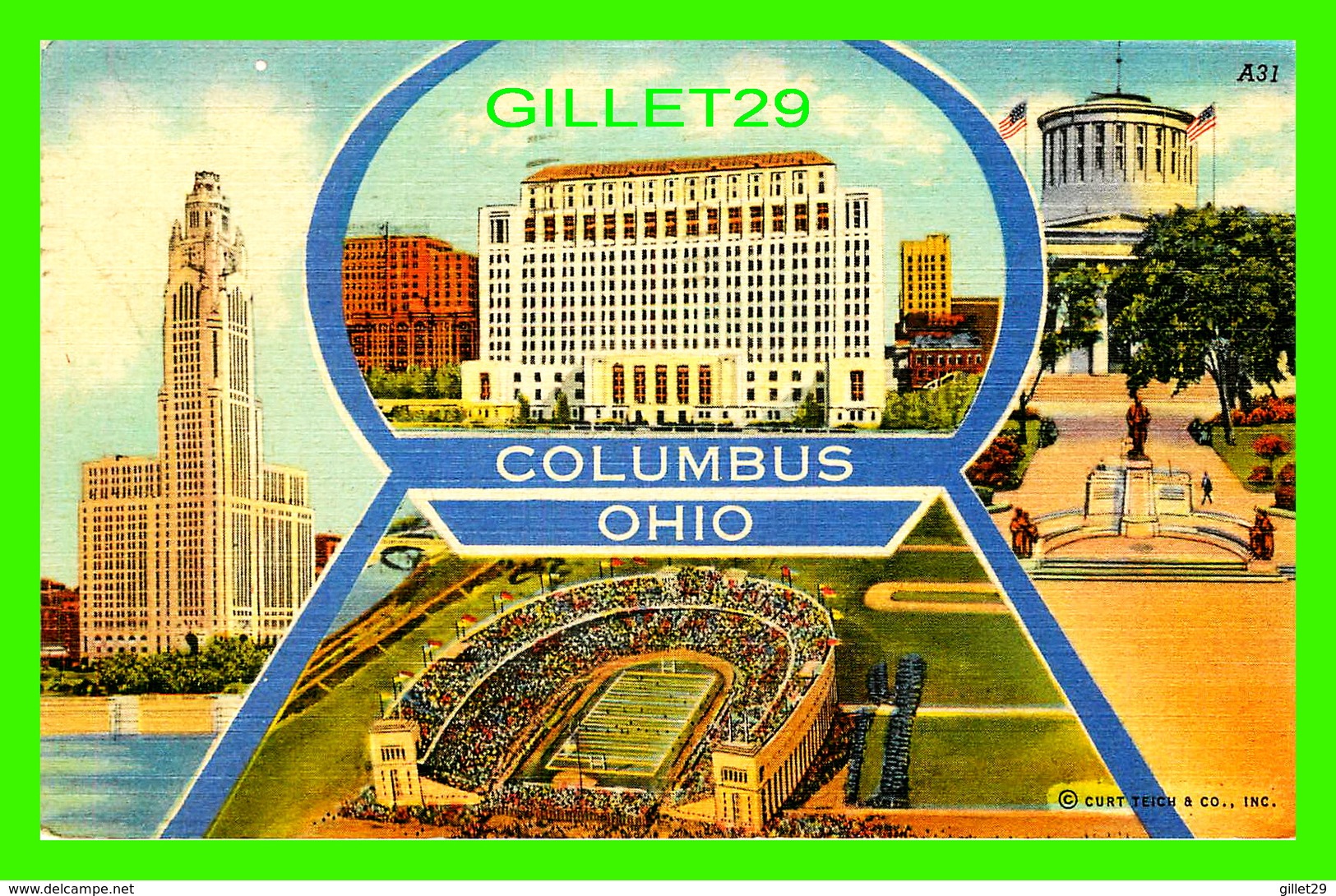 COLUMBUS, OH - VEQUE-LINCOLN TOWER, NEW STATE OFFICE BLDG, STADIUM AT O.S.U. McKINLEY MEMORIAL - TRAVEL IN 1952 - - Columbus