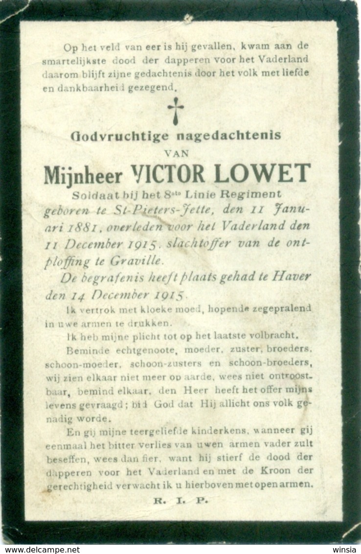 WO1 / WW1 - Doodsprentje Lowet Victor - Sint-Pieters-Jette / Graville  - Gesneuvelde - Décès