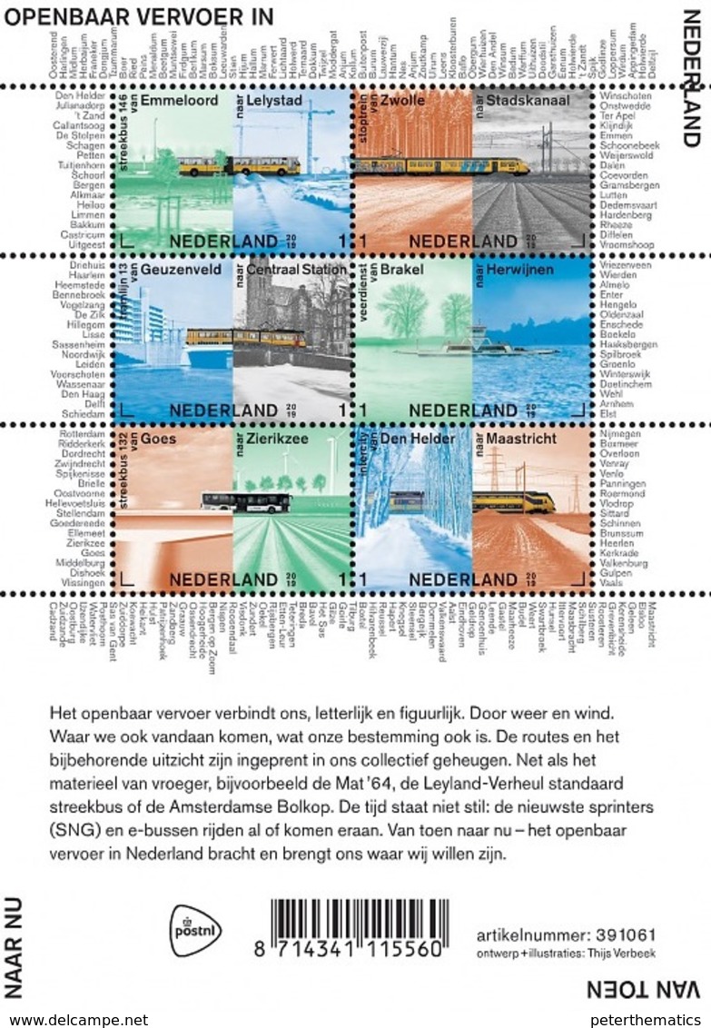 NETHERLANDS, 2019, MNH, PUBLIC TRANSPORT, TRAINS, TRAMS, SHIPS, BUSES, BRIDGES,  SHEETLET II - Trains