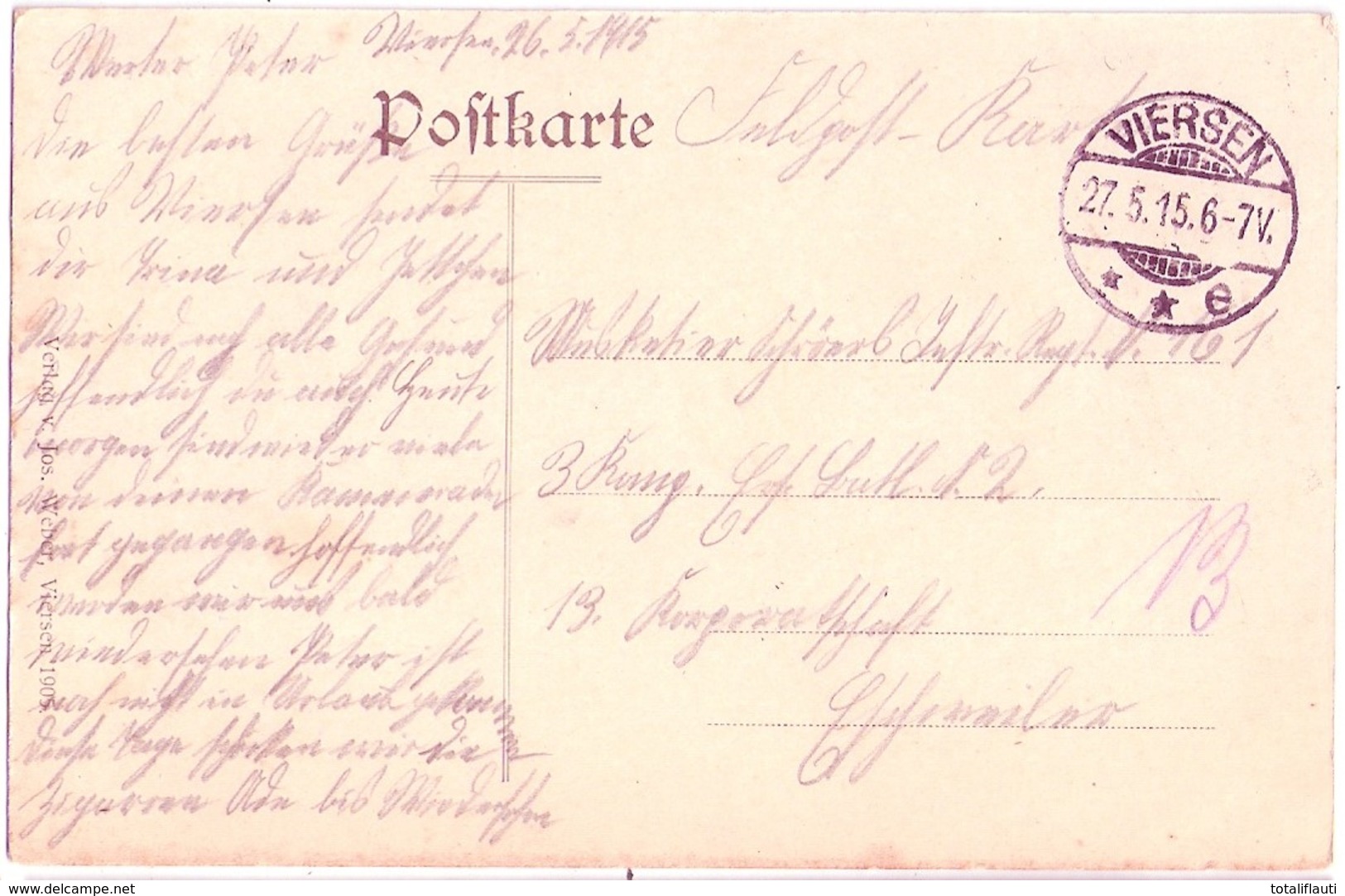 VIERSEN Restaurant Peter Kreutz Belebt Radfahrer Schornsteinfeger ? 27.5.1915 Als FeldPost Gelaufen - Viersen