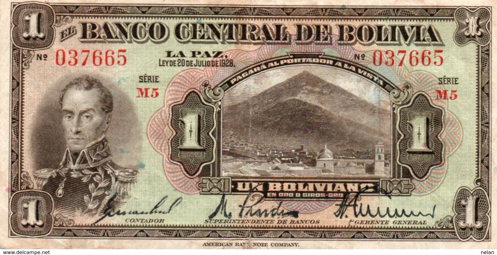 BOLIVIA 1 BOLIVIANO 1928 P-118   SERIE M5 - Bolivien