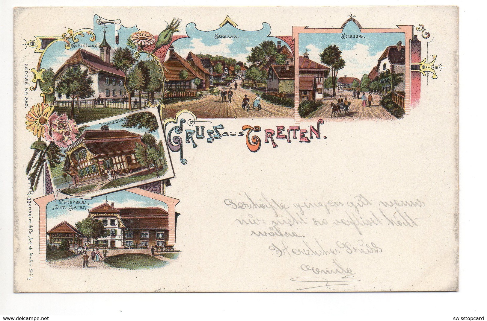 LITHO Gruss Aus TREITEN Schulhaus Wirtshaus Zum Bären Post Gel. 1902 Ambulant Nach Lyss - Lyss