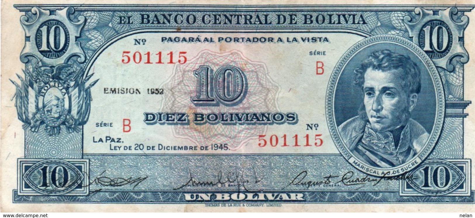 BOLIVIA 10 BOLIVIANOS 1952 P-139  CIRCOLATED - Bolivie