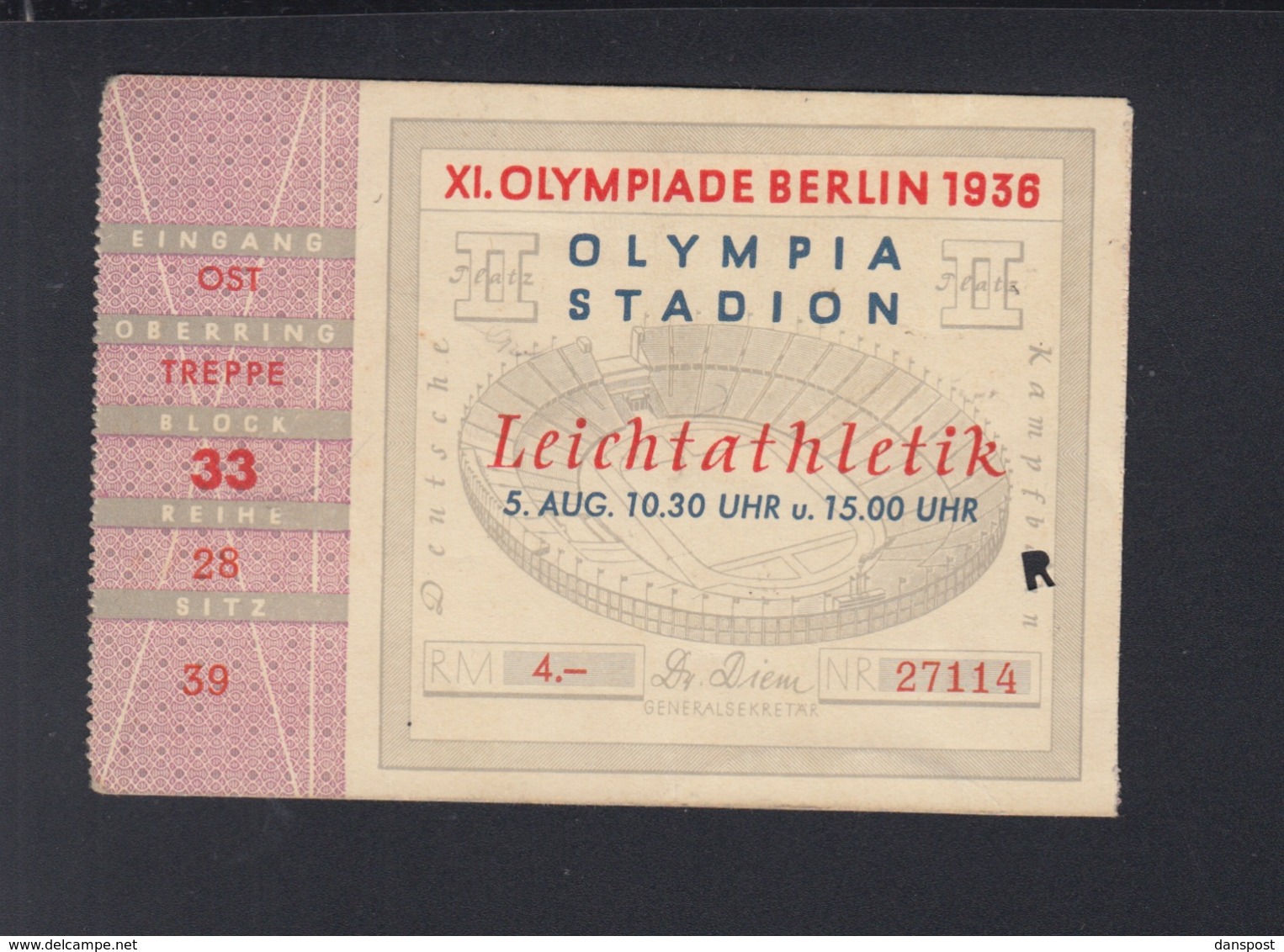 Dt. Reich Eintrittskarte Olympia 1936 Leichtatletik - Tickets - Vouchers