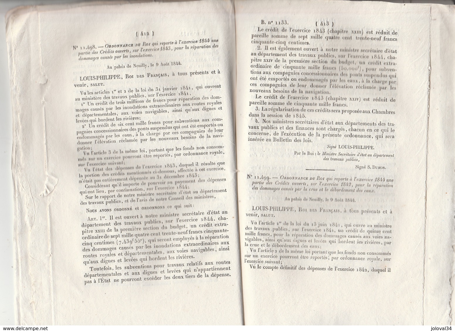 Bulletin Des Lois 1133 De 1844 Brevets Invention - Crue Inondations - Chemin De Fer Amiens Boulogne 17 Pages Avec Tarif - Décrets & Lois