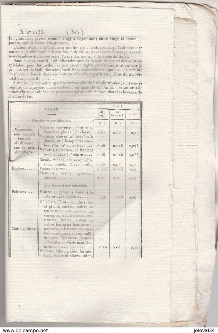 Bulletin Des Lois 1133 De 1844 Brevets Invention - Crue Inondations - Chemin De Fer Amiens Boulogne 17 Pages Avec Tarif - Décrets & Lois
