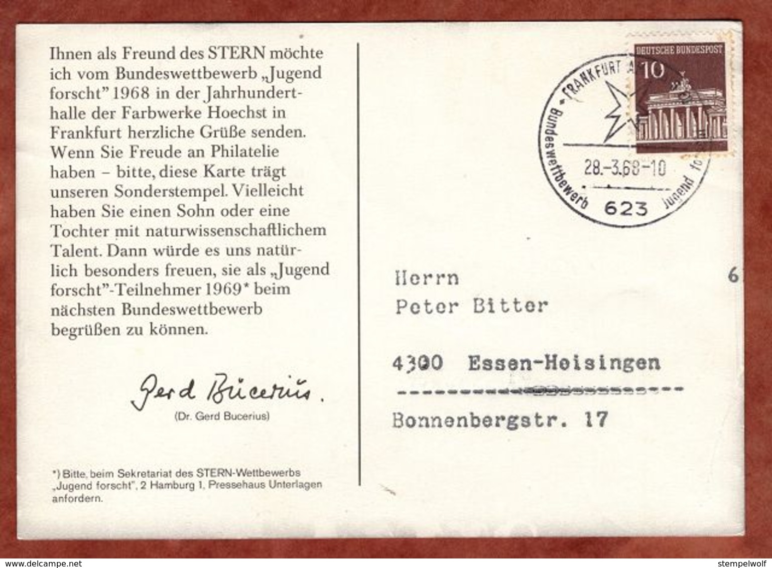 AK Jugend Forscht, Brandenburger Tor Berlin, SoSt Frankfurt, Nach Essen 1968 (90059) - Lettres & Documents