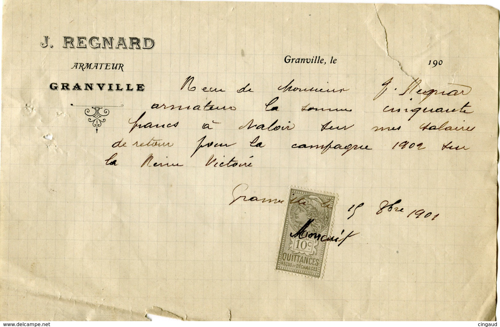 Granville. Pêche à Terre Neuve. Document D'avance Sur Salaire De Jacques Regnard, Armateur De La Reine Victoire - Non Classés