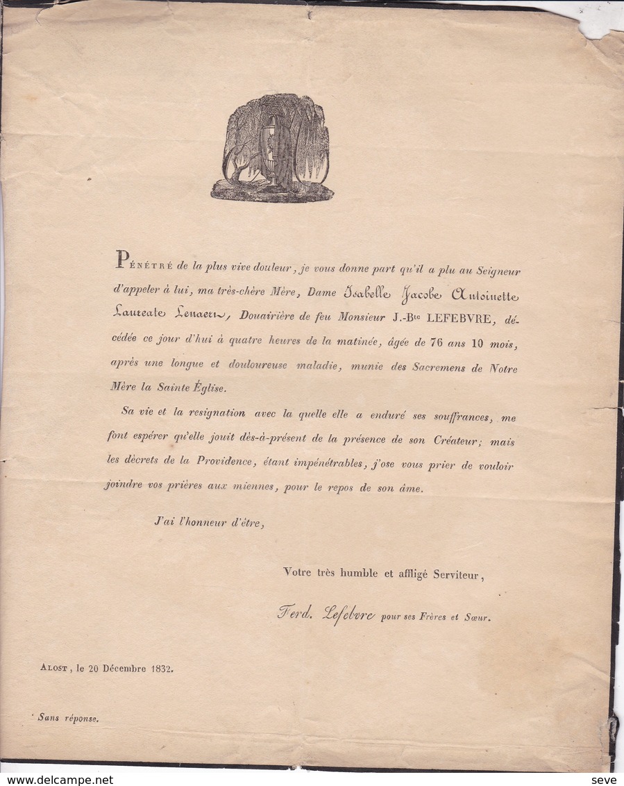 ALOST AALST LENAERT Isabelle Veuve J-B LEFEBVRE 76 Ans 10 Mois 1832 Faire-part Décès Famille à Anvers - Overlijden