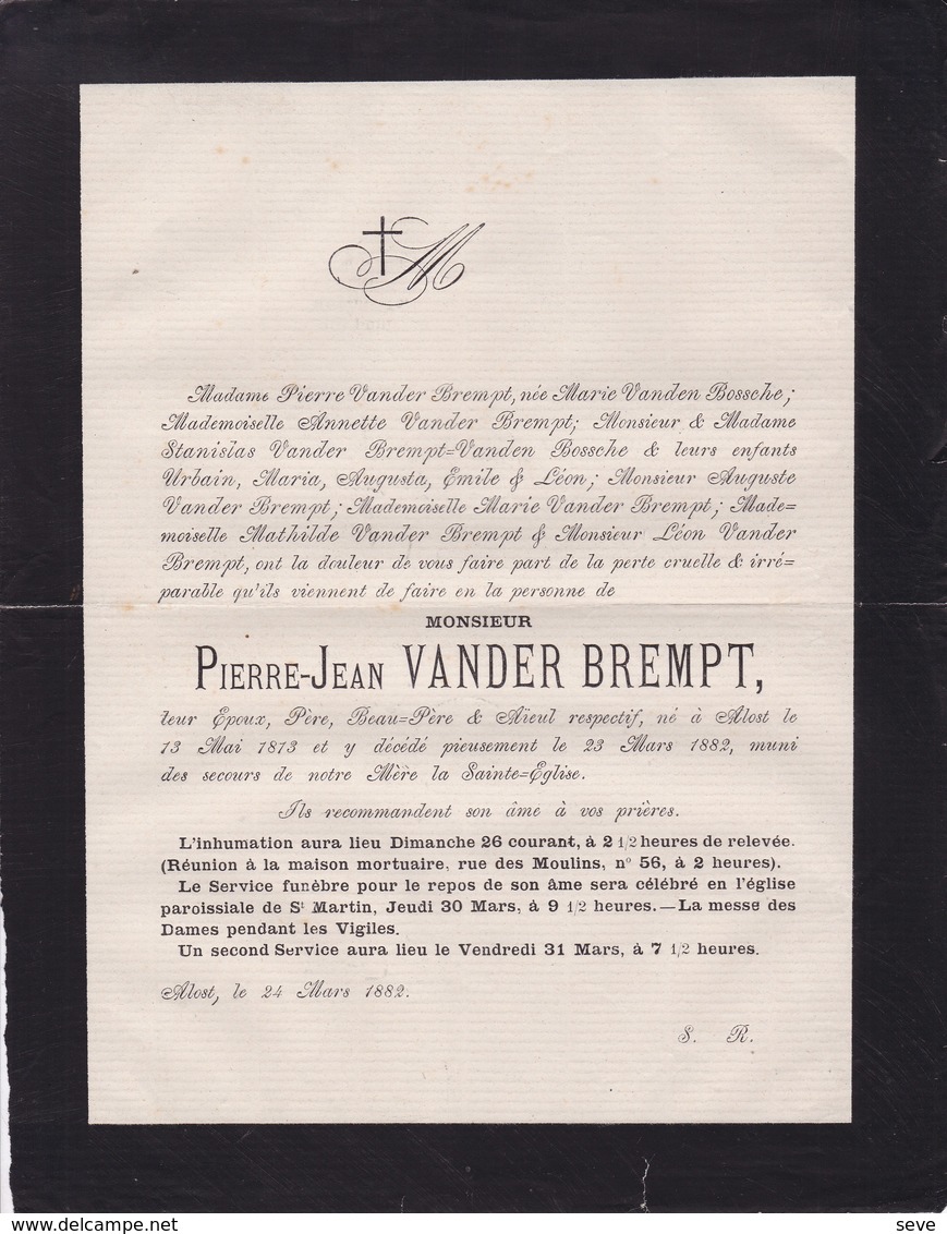AALST ALOST VANDER BREMPT Pierre-Jean 1813-1882 Famille VANDEN BOSSCHE - Overlijden