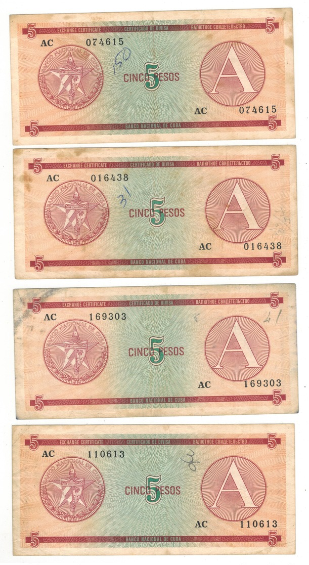 Cuba 5 Pesos, Series A,  X 4 , Used Lot , See Scan. - Cuba