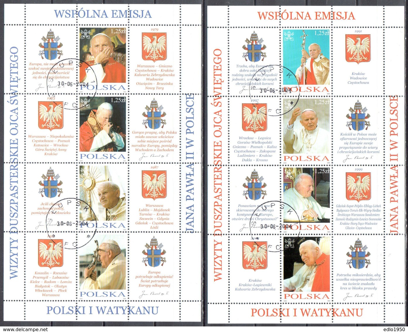 Poland 2004 - Visit Of The Pope John Paul II In Poland - Mi.4109-16 - Sheets - Used - Blocchi E Foglietti