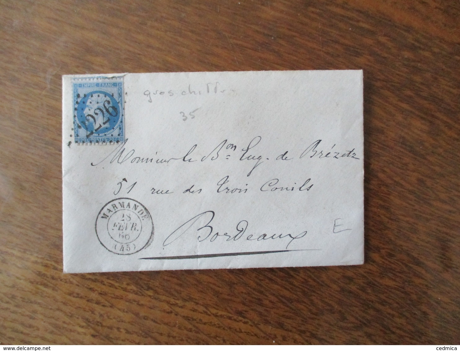 TIMBRE EMPIRE FRANC 20c CACHET 2226 GROS CHIFFRES CACHET MARMANDE 28 FEVR.66 (45) - 1849-1876: Période Classique