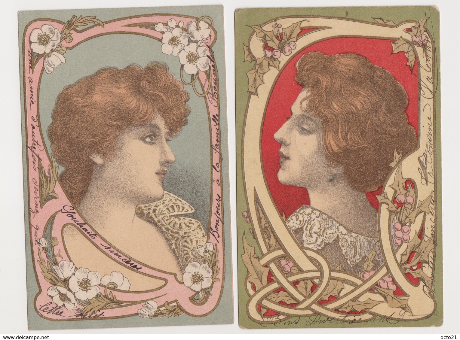 2 Cartes Fantaisie Style Art Nouveau / Profil De Femme Genre Mucha - Mujeres