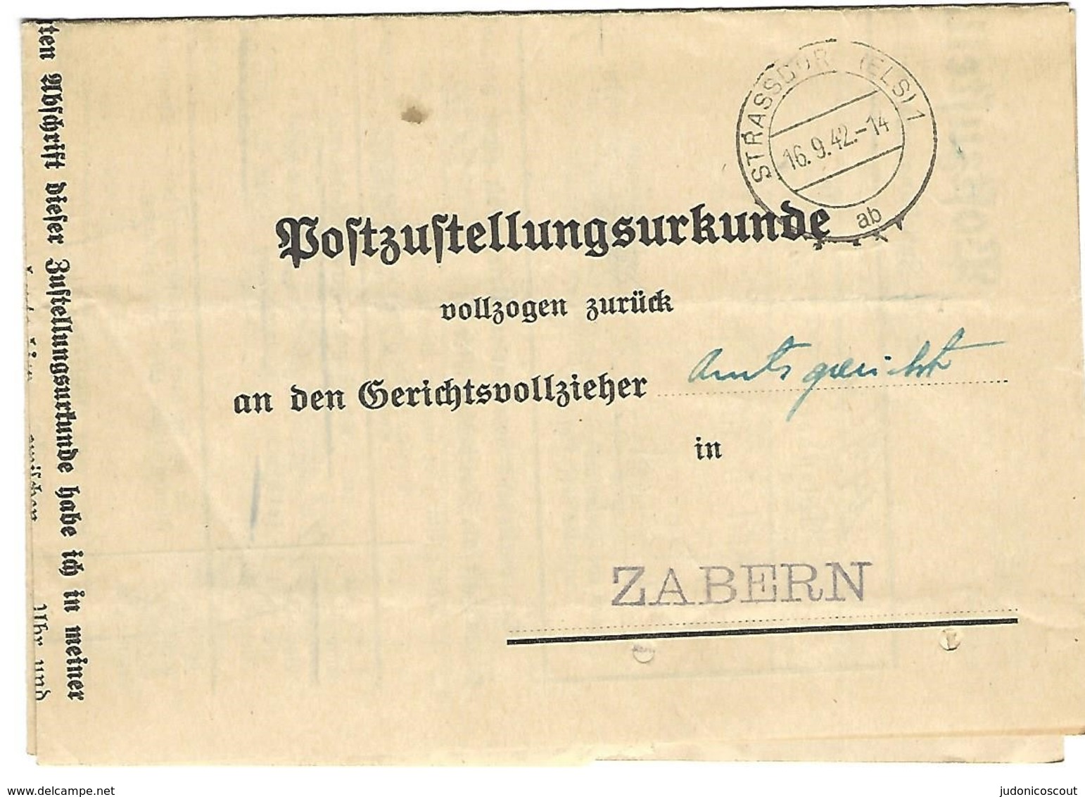 STRASSBURG (Els) 1 Ab - 16.9.1942 - Certificat De Remise (Poststellungsurkunde) En Franchise - Lettres & Documents
