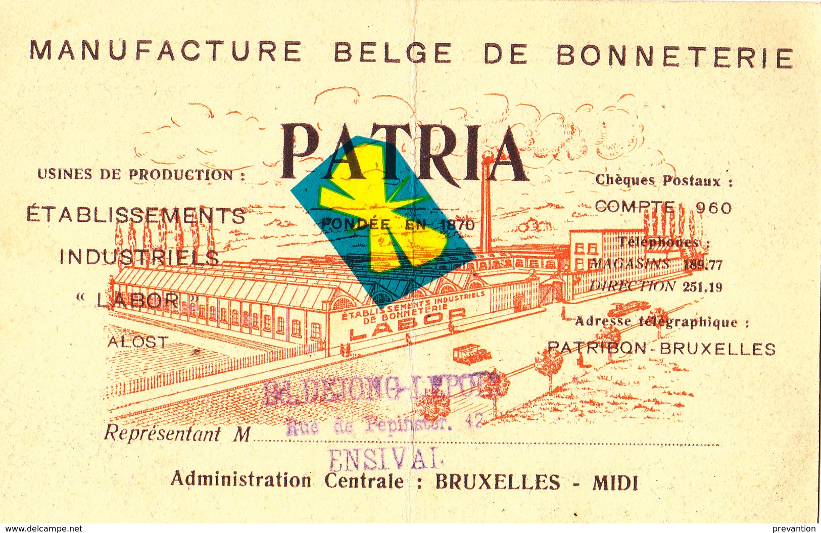 Manufacture Belge De Bonneterie "PATRIA" Etabl. Industriels "Labor" ALOST Et Magasins Et Direction Bruxelles - Autres & Non Classés