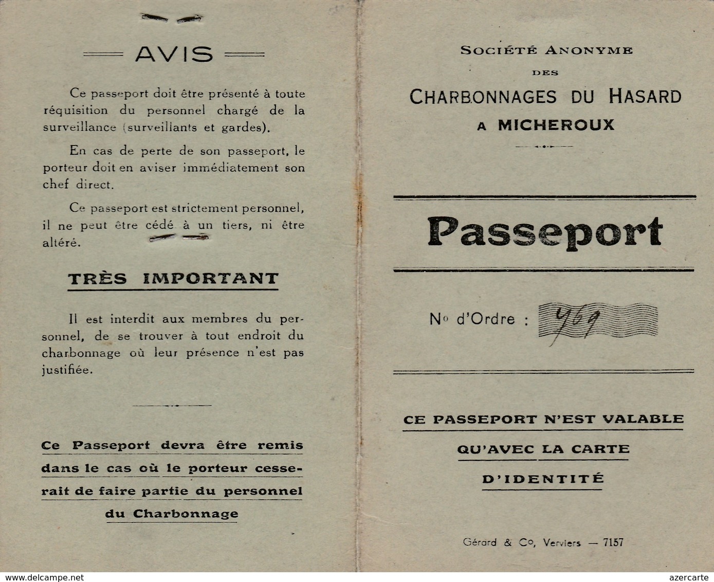 Passeport D'entrée De 1941 Au Charbonnage Du Hasard à Micheroux ( Soumagne ) - Soumagne