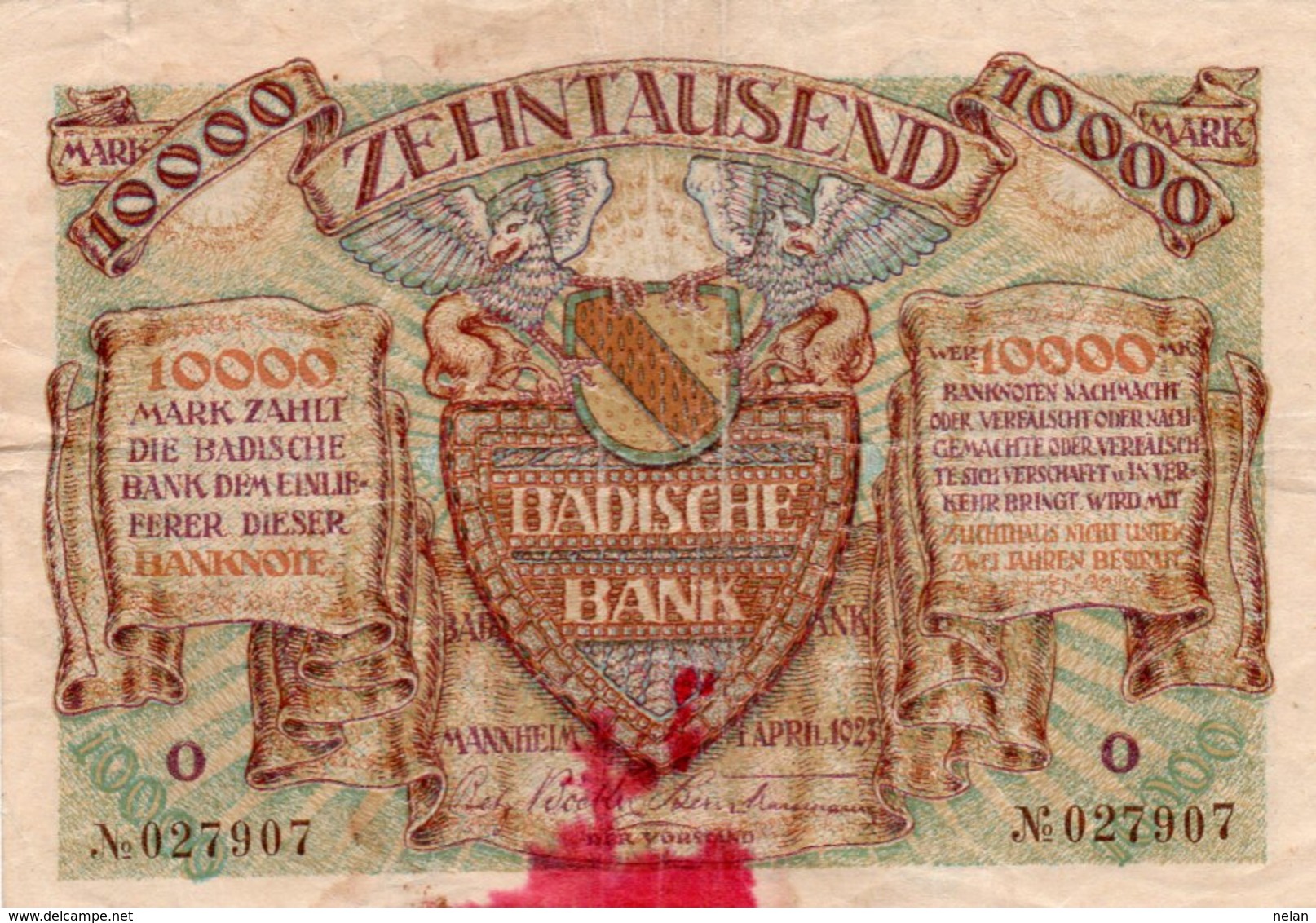 GERMANIA  10000 MARK 1923-Badische Bank-Bank Of Baden P-S910 - Zonder Classificatie