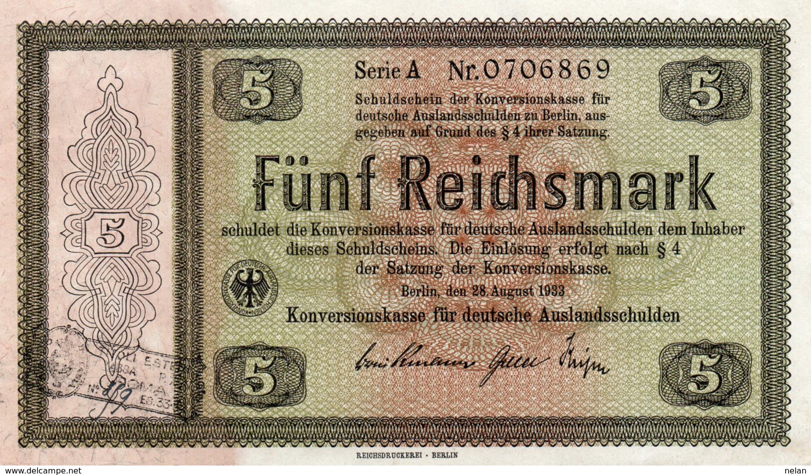 GERMANIA  5 REICHSMARK 1933 P-199  AUNC - 5 Reichsmark