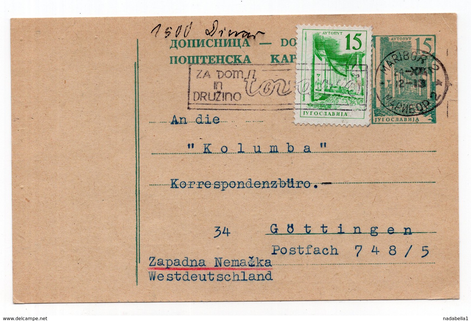 1963 YUGOSLAVIA,SLOVENIA,MARIBOR TO GERMANY, FLAM:FOR HOME AND FAMILY,STATIONERY CARD,USED - Postal Stationery