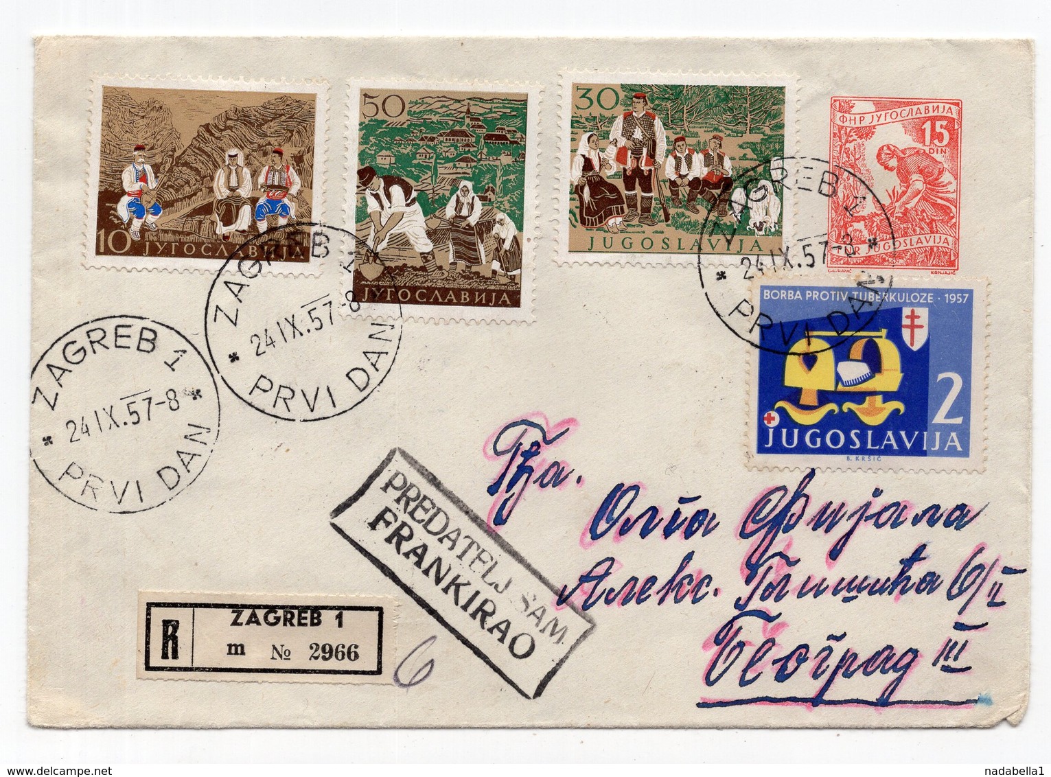 YUGOSLAVIA, FDC, NATIONAL COSTUMES, FOLCLORE, 24.09.1957.DAY BEFORE ZAGREB TO BELGRADE, VIOLET INSIDE, STATIONERY COVER - FDC