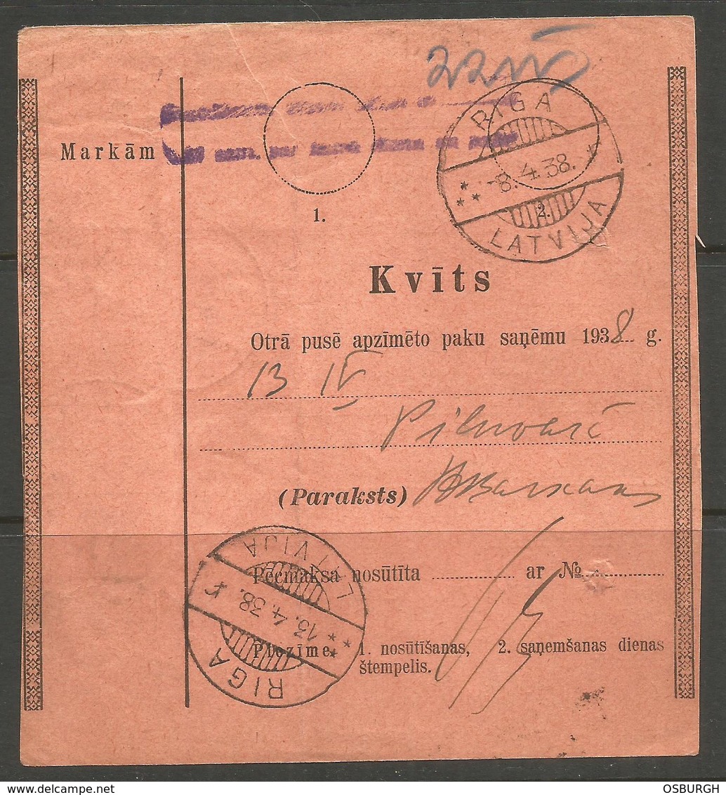 LATVIA MONEY ORDER. 1938. VISKI TO RIGA. - Latvia