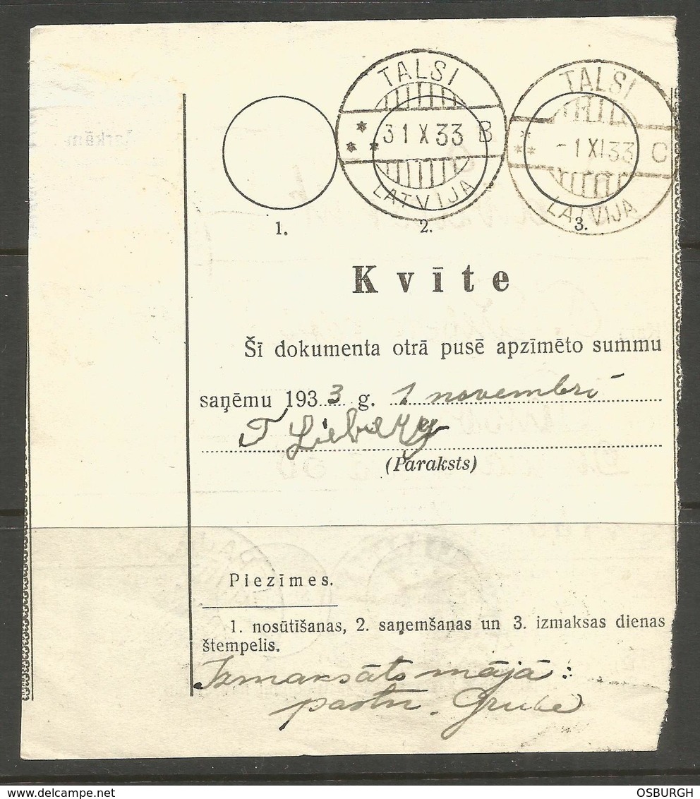 LATVIA. 1933. MONEY ORDER. LIEPAJA TO TALSI. - Latvia