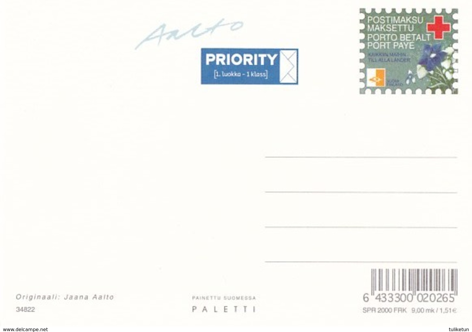 Postal Stationery - Cochleas - Sea Shells - Dragonfly - Red Cross 2000 - Suomi Finland - Postage Paid - Aalto - Interi Postali