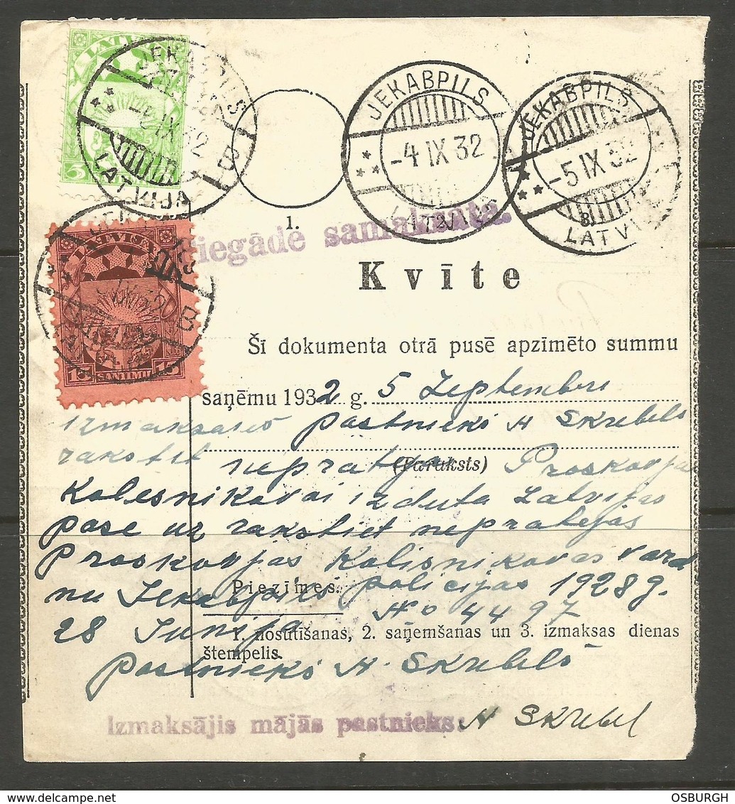 LATVIA MONEY ORDER. 1932. LUBANA TO JEKABPILS. - Latvia