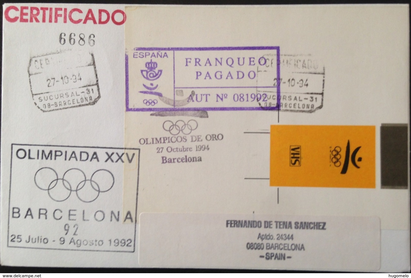 Spain, Registered And Circulated Cover, "Barcelona '92", "XXV OLYMPICS", "COOB '92", "Olimpicos De Oro 1994" - Collections