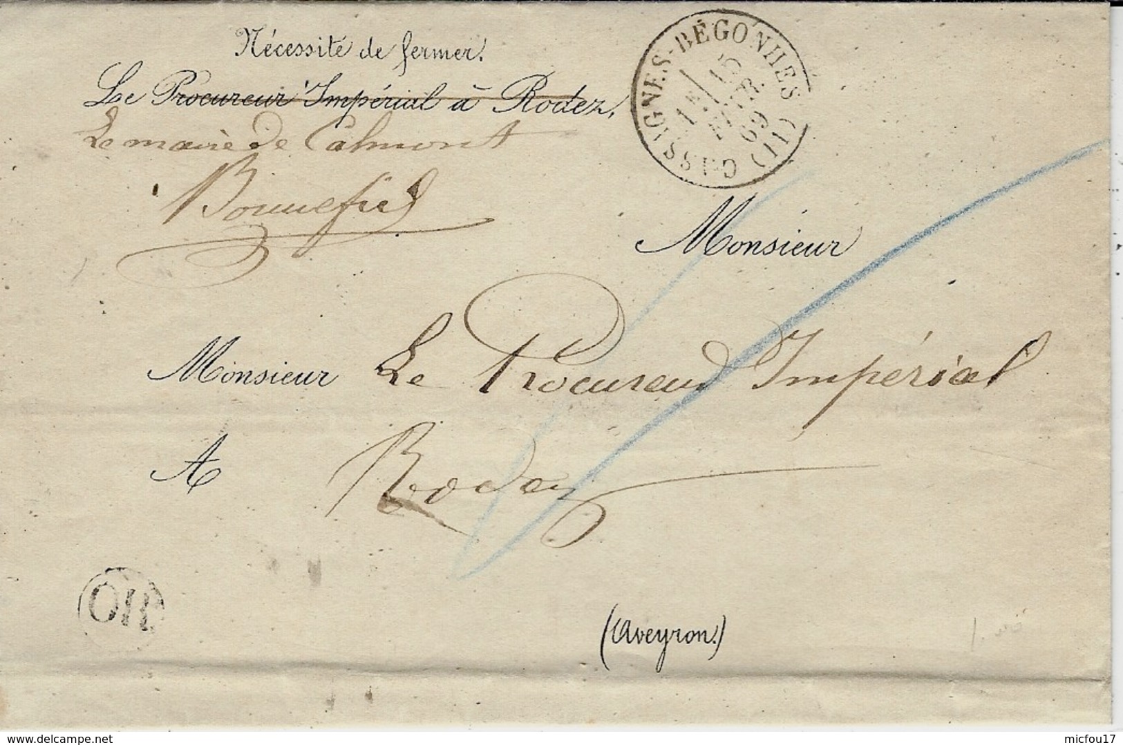 1869- Lettre De CASSAGNES-BEGONNES ( Aveyron ) Cad T15 En Franchise " Le Procureur Impérial ..; - 1849-1876: Periodo Clásico