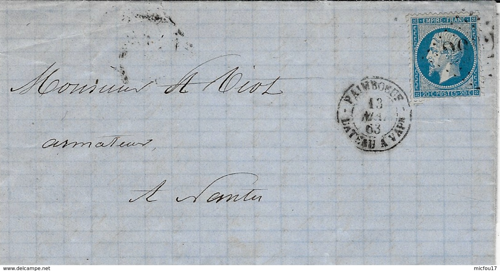 1863- Lettre De PAIMBOEUF/ BAT. A VAP.r   Affr. N°22 Pour Nantes - 1849-1876: Periodo Clásico