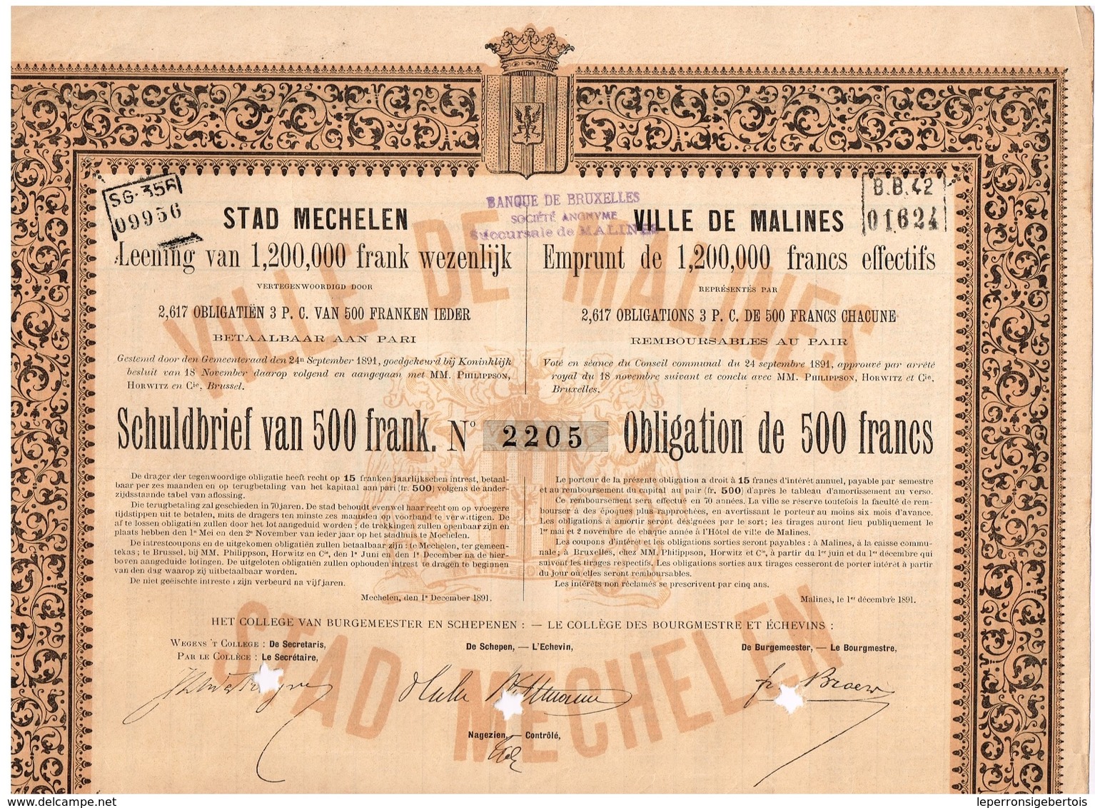 Titre Ancien - Royaume De Belgique - Stad Mechelen - Ville De Malines - Obligation De 1891 - Déco - M - O