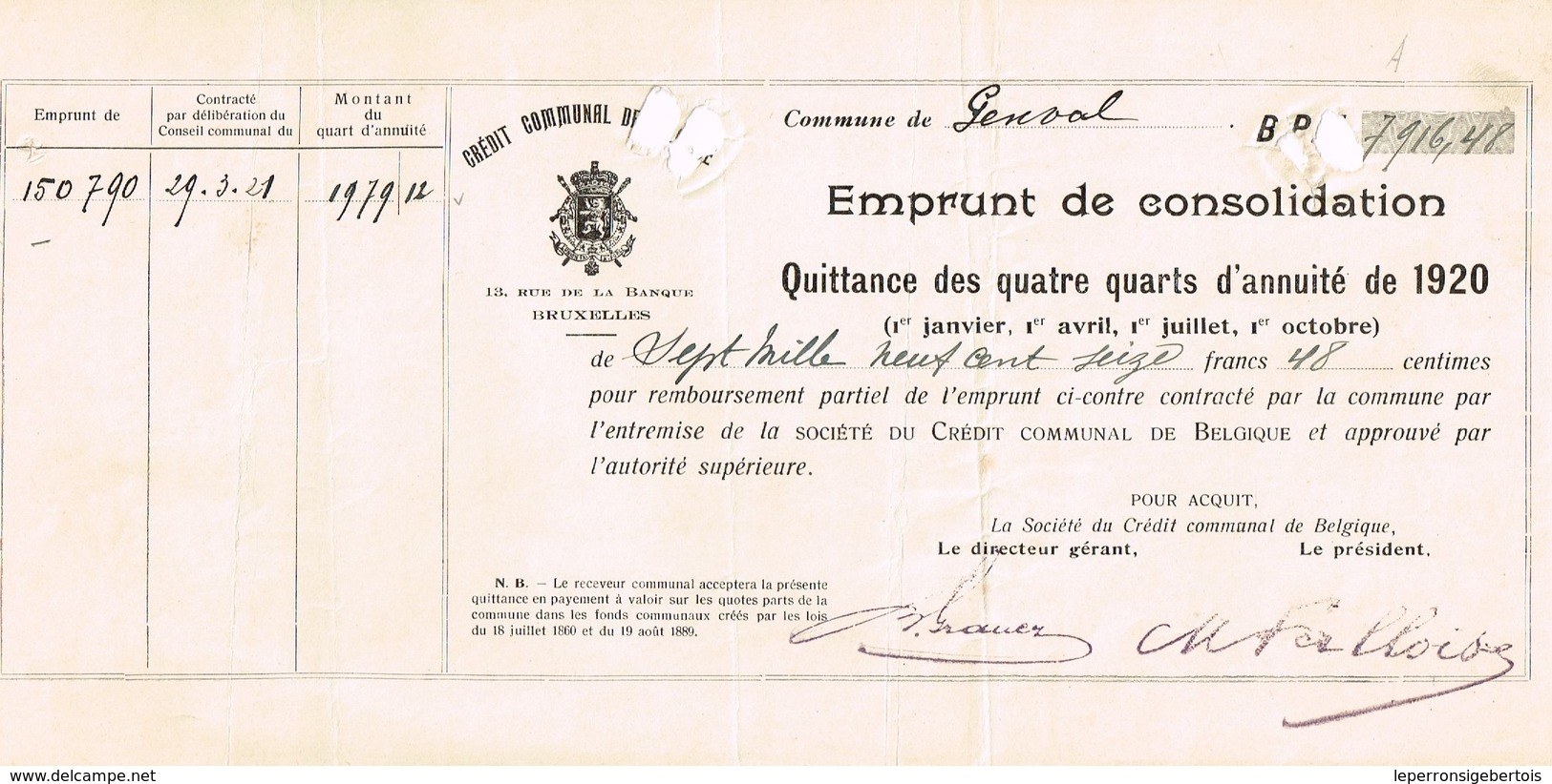 Titre Ancien - Royaume De Belgique - Commune De Genval- Emprunt De Consolidation Quittance De 4 1/4 D'annuité De 1920 - G - I