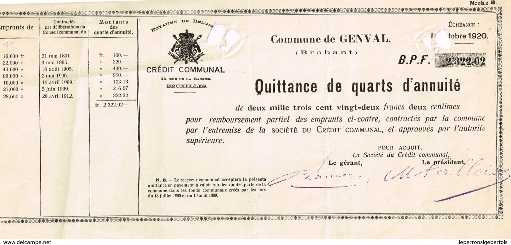 Titre Ancien - Royaume De Belgique - Commune De Genval - Emprunts Divers - Quittance De 1/4 D'annuité De 1920 - G - I