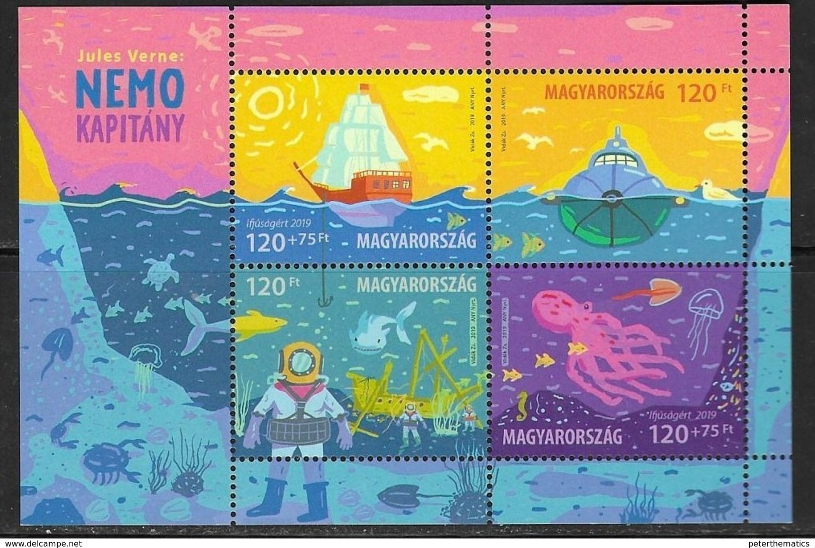 HUNGARY, 2019, MNH, JULES VERNE CAPTAIN NEMO, MARINE LIFE, OCTOPUS, FISH, TURTLES, SHARKS, SHIPS, SHEETLET OF 4v - Fairy Tales, Popular Stories & Legends