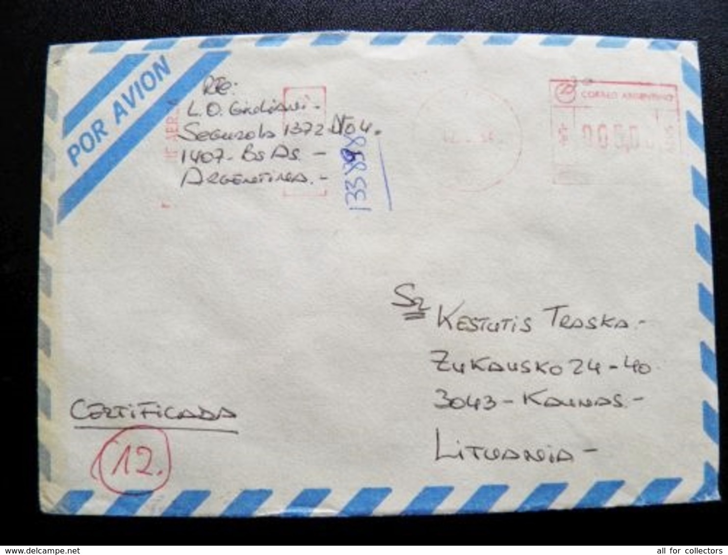 Cover Sent From Argentina To Lithuania Registered Atm Machine Cancel - Cartas & Documentos