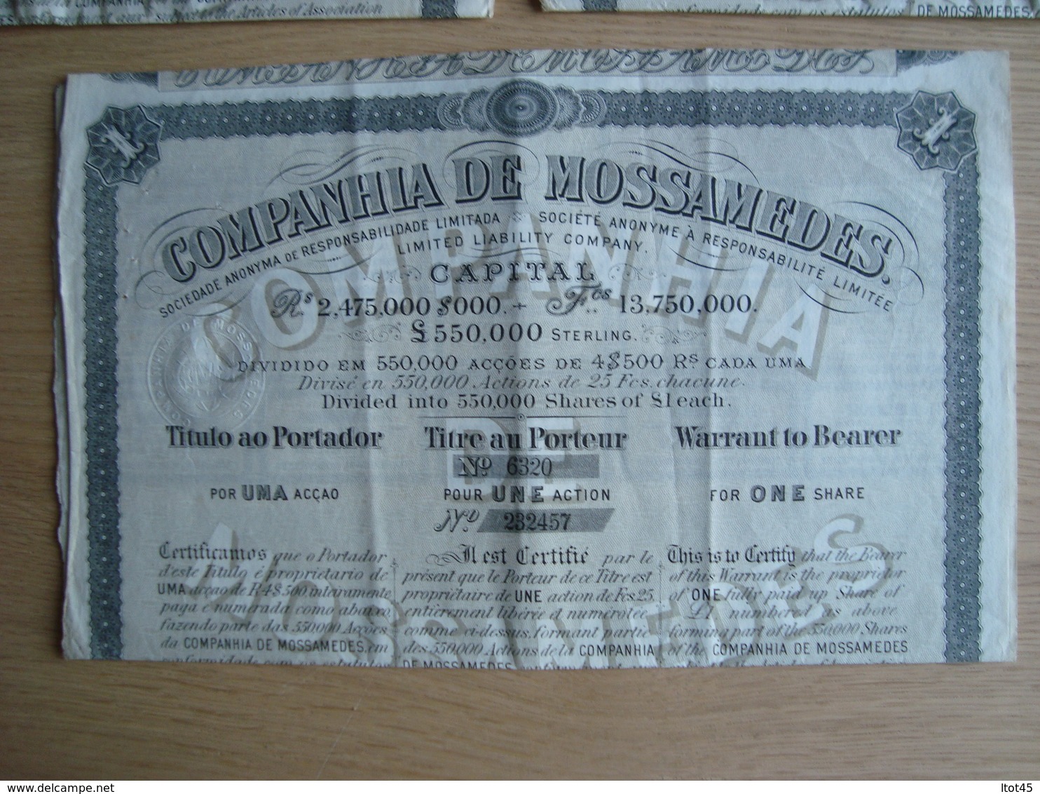 LOT DE 3 ACTIONS COMPANHIA DE MOSSAMEDES 1894 - Altri & Non Classificati