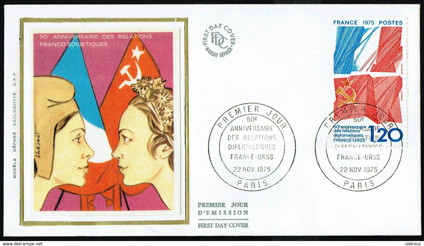 Y/T N° 1859 S/ FDC "soie" - Oblitération " PARIS - 22 NOV 1975" - 50 E Anniv. Relations Diplomatiques Franco-soviériques - 1970-1979