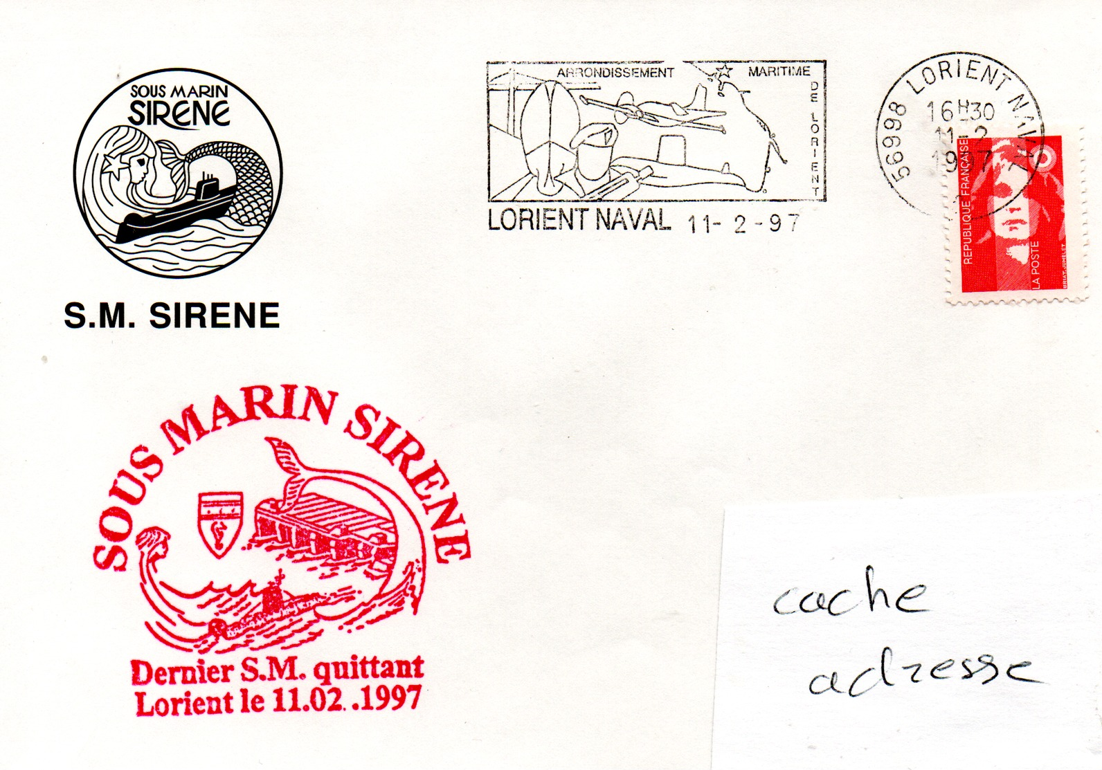 SOUS MARIN SIRENE Der,ier SM Quittant Lorient Sur Enveloppe Illustrée Obl. Lorient Naval 11/02/97 - Seepost