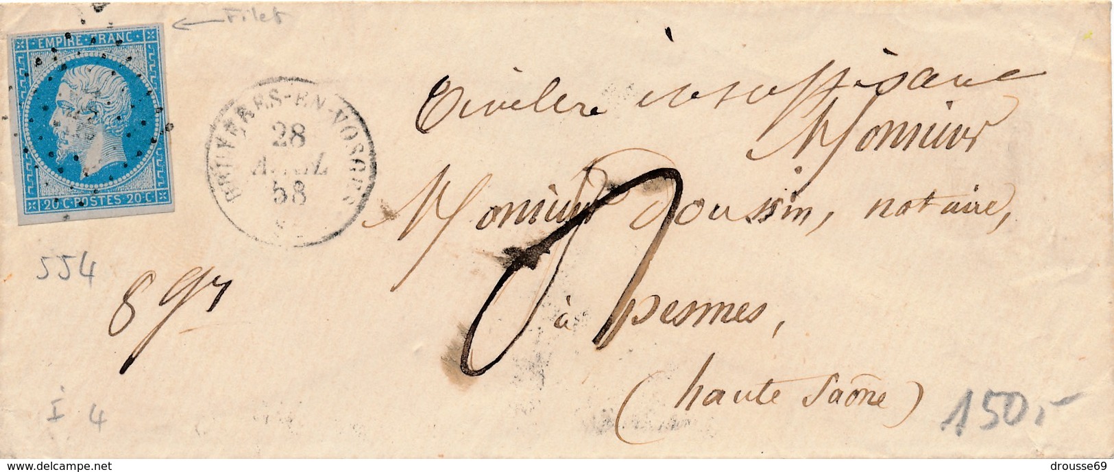 Enveloppe Avec 20 C Bleu N° 14 Obl Pc 554 (Bruyères-en-Vosges) Taxée TB. - 1853-1860 Napoléon III