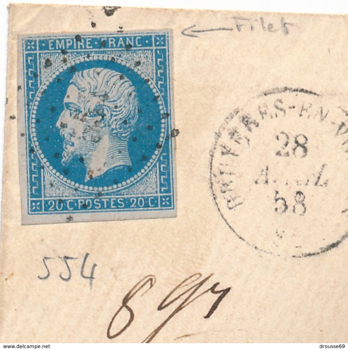 Enveloppe Avec 20 C Bleu N° 14 Obl Pc 554 (Bruyères-en-Vosges) Taxée TB. - 1853-1860 Napoléon III