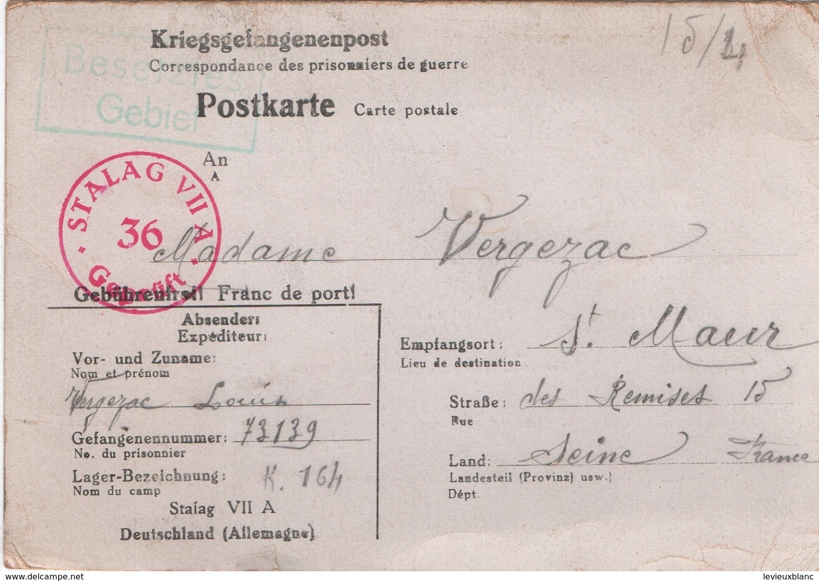 Carte Postale Ancienne/Occupation/Kriegsgefangenenpost/Prisonniers De Guerre/STALAG/Vergezac/St Maur/1941   TIMB133 - Guerre 1939-45