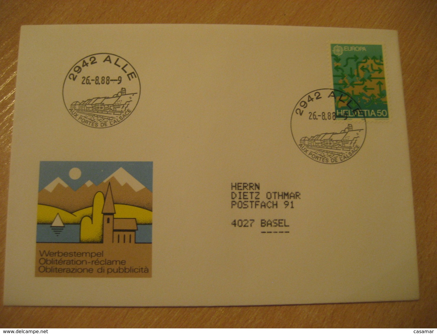 ALLE 1988 Aux Portes De L' Alsace Cancel Cover Porrentruy Jura SWITZERLAND - Covers & Documents