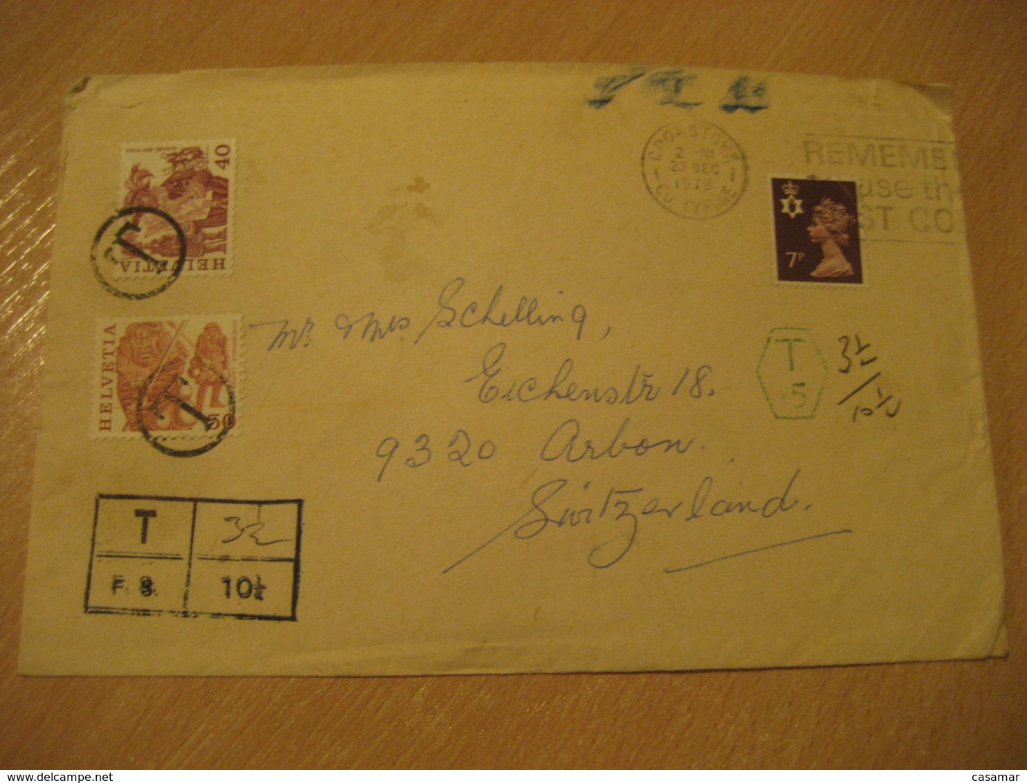 To ARBON 1978 Cookstown England Tax Taxed 2 Stamp Cancel Cover Thurgau SWITZERLAND - Lettres & Documents